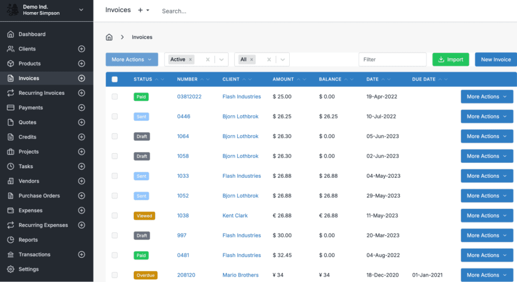 Invoice Ninja invoicing dashboard
